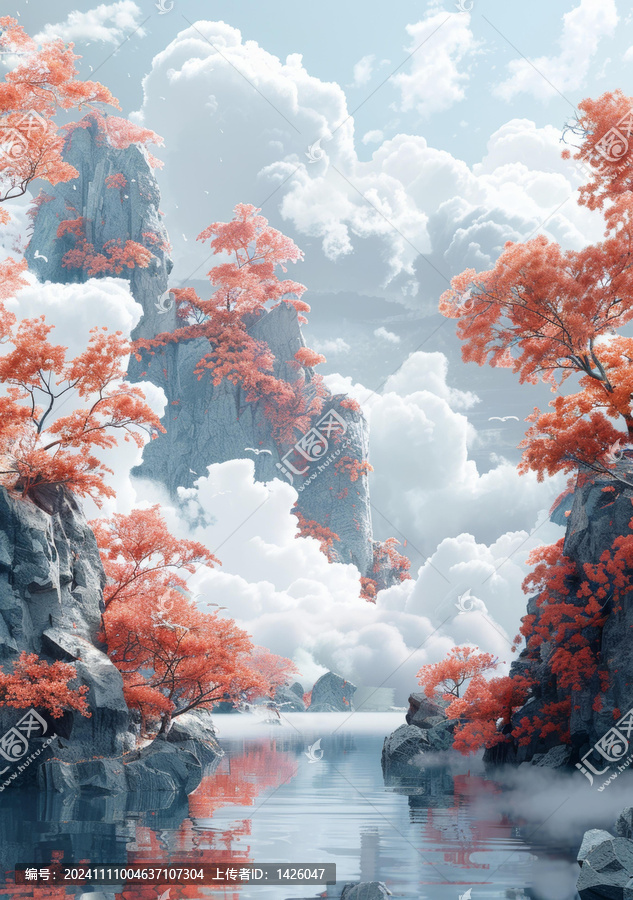 夢(mèng)幻山谷彩云映紅楓