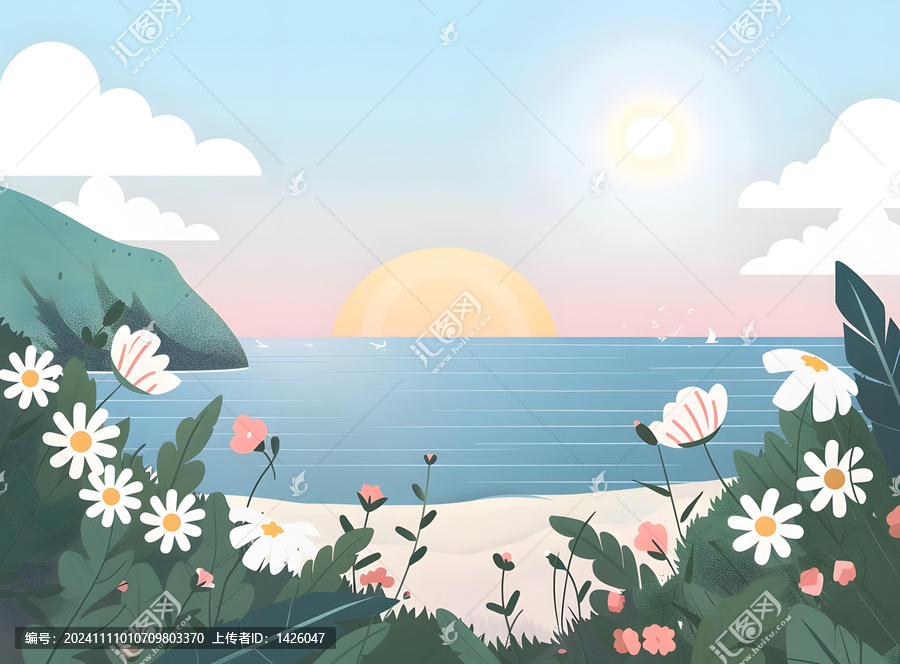 夏日海邊落日花朵風(fēng)景