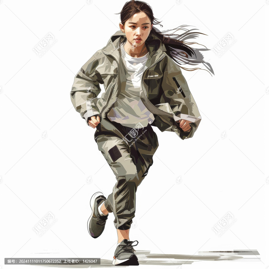 一個年輕的亞洲女子穿著運動服跑步