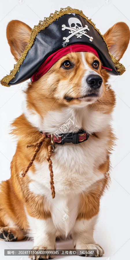 一只戴著海盜帽的可愛柯基犬