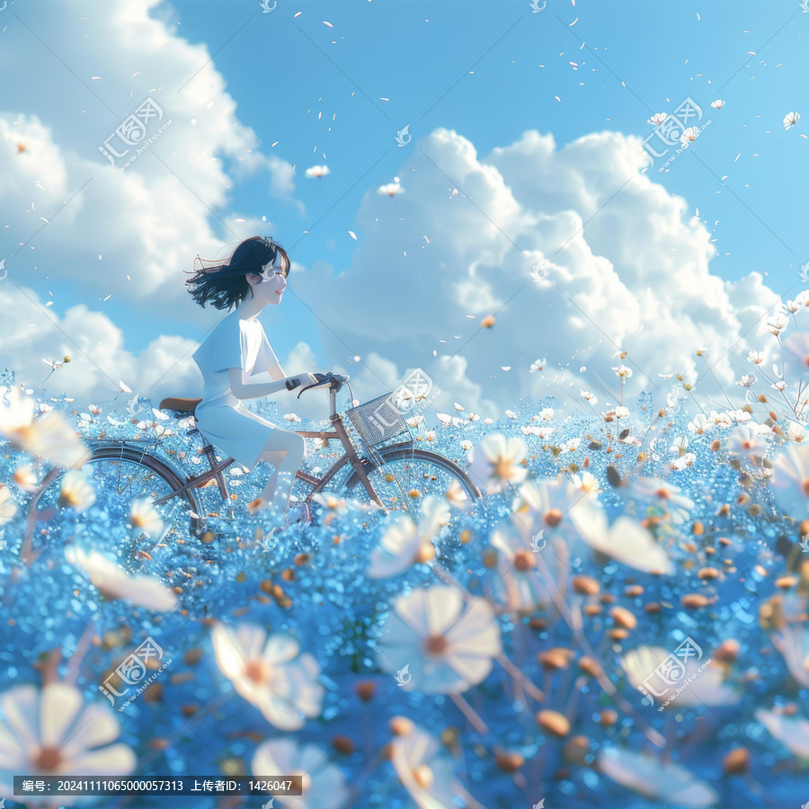 女孩騎車穿過(guò)花海