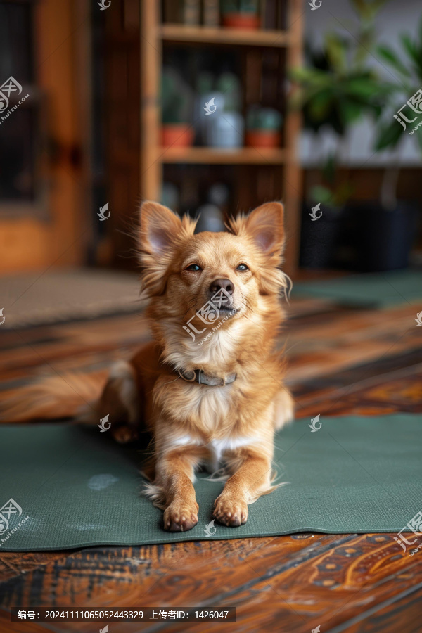 一只可愛的小型棕色吉娃娃犬正躺在瑜伽墊上
