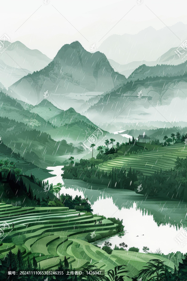 綠色的山谷有河流和山脈在背景中