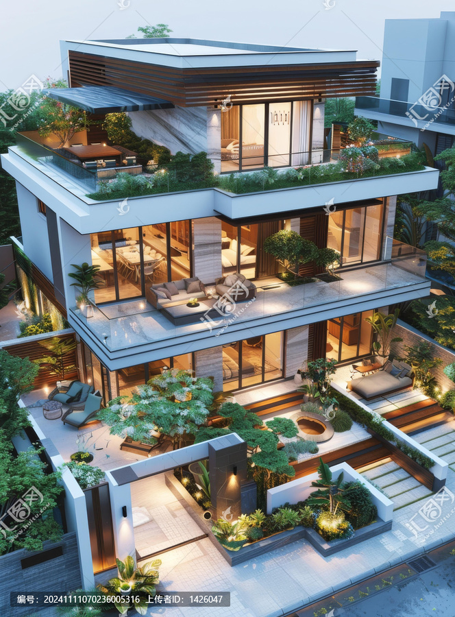 現(xiàn)代豪華別墅外景設(shè)計(jì)與蔥郁花園