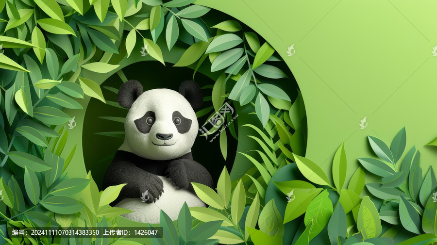 一只可愛的大熊貓坐在郁郁蔥蔥的綠色叢林中