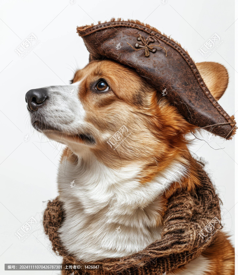 一只戴著海盜帽和圍巾的可愛(ài)柯基犬
