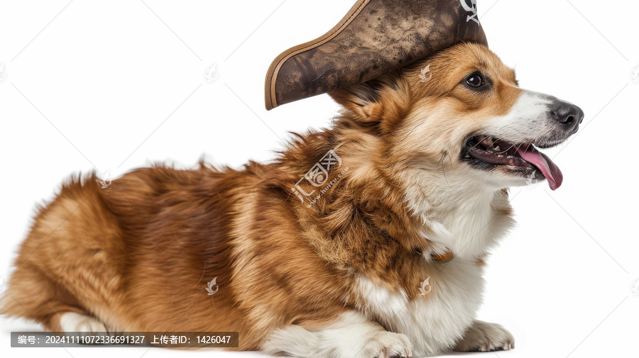 一只戴著海盜帽的可愛柯基犬