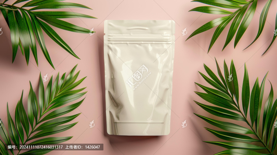 空白的白色塑料袋與綠葉