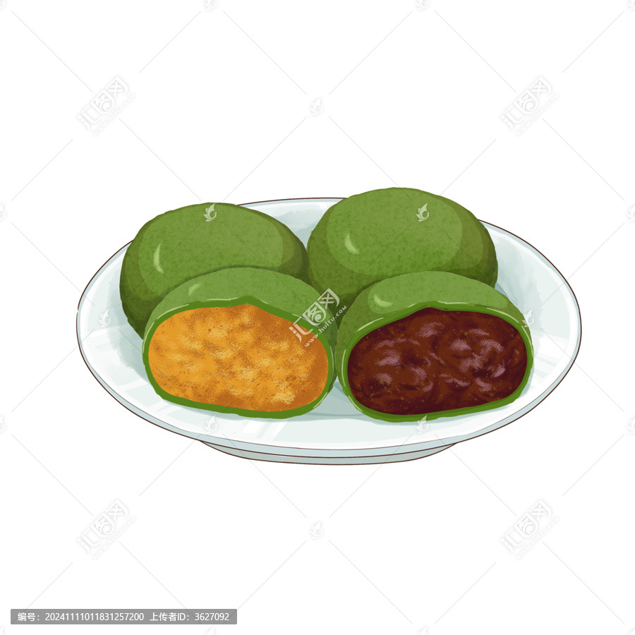手繪青團(tuán)糕點(diǎn)豆沙咸蛋黃肉松口味插畫