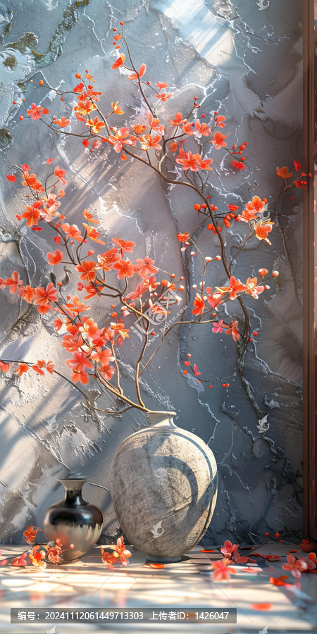 中式桃花花瓶靜物畫