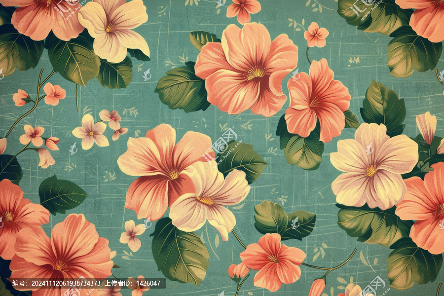 藍(lán)底粉白花卉綠葉