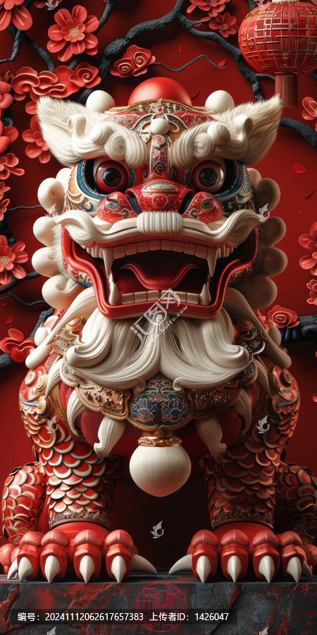 中國獅子雕塑藝術紅金色裝飾
