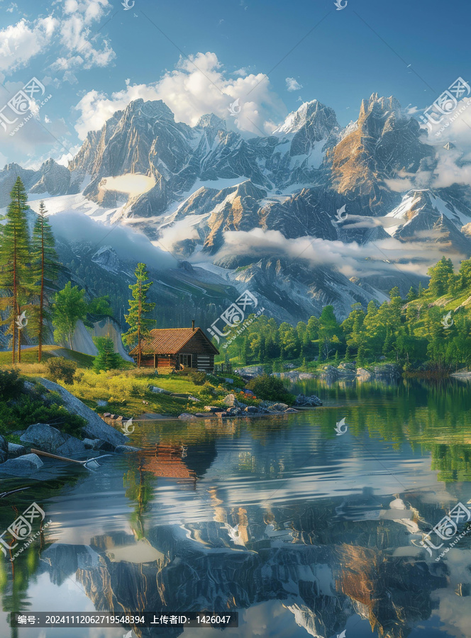 寧靜山湖木屋倒影