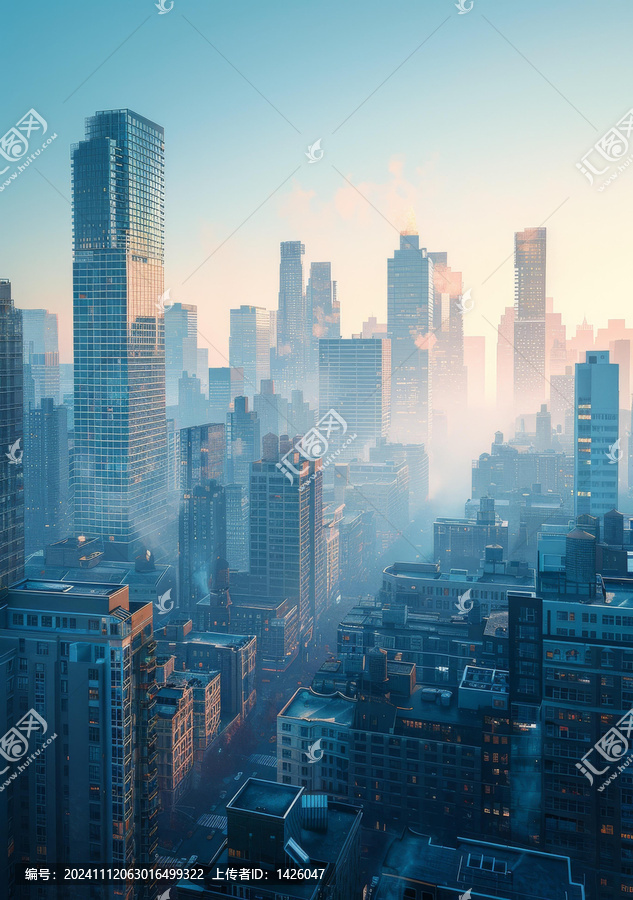 清晨城市地平線全景俯瞰