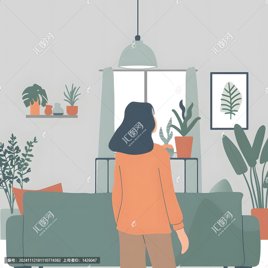 女性站在充滿綠植的客廳里