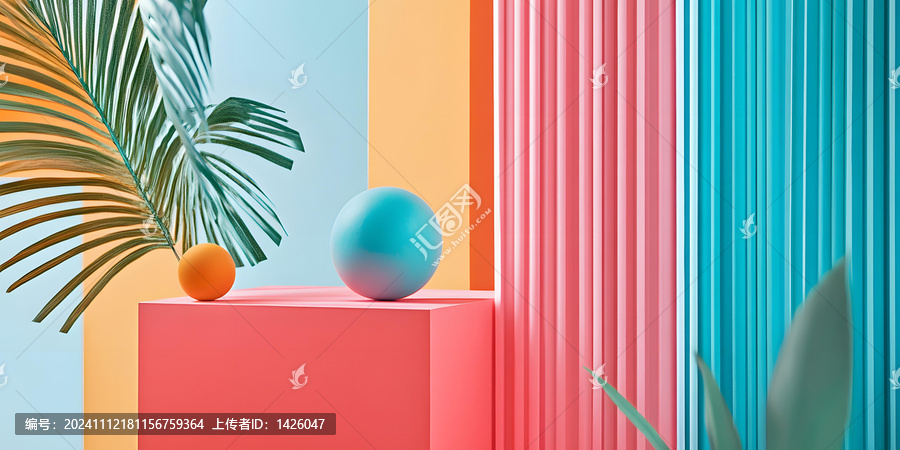幾何形狀與棕櫚葉的抽象極簡背景