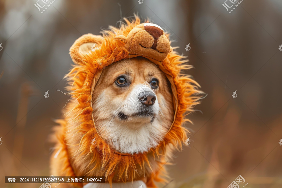 一只可愛的小柯基犬戴著獅子頭套
