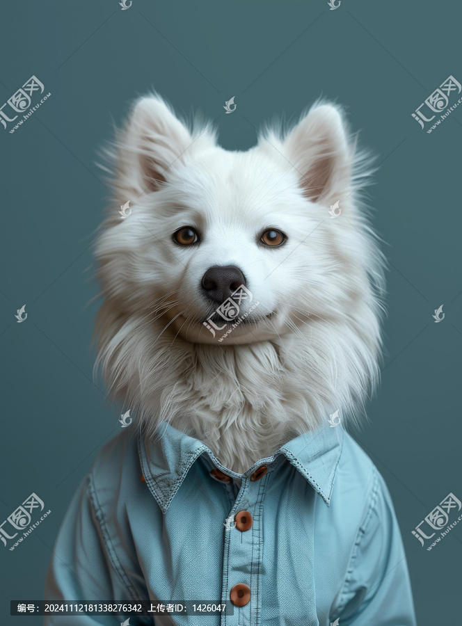 一只穿著藍(lán)色襯衫的白色狗狗