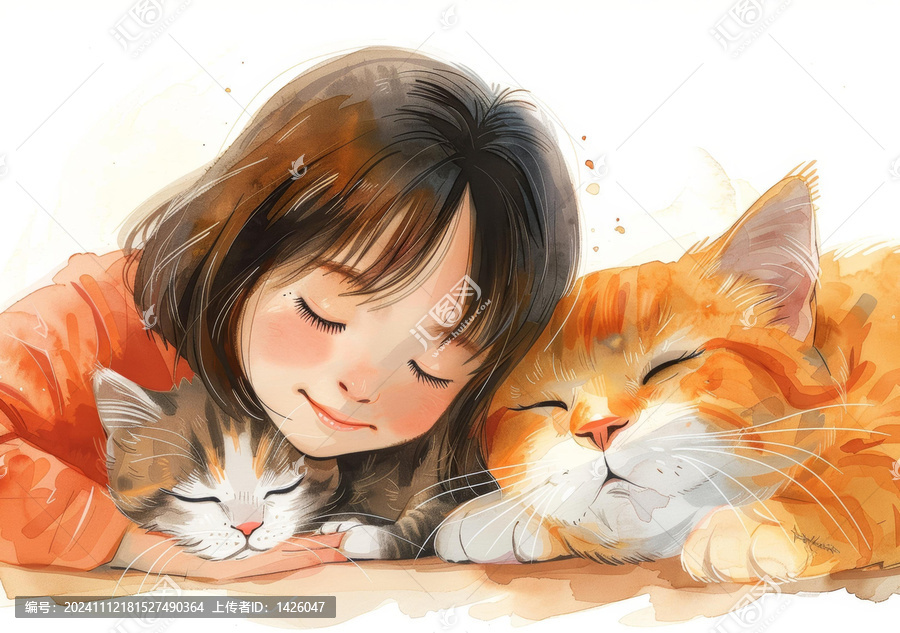 小女孩和貓和貓咪一起睡覺