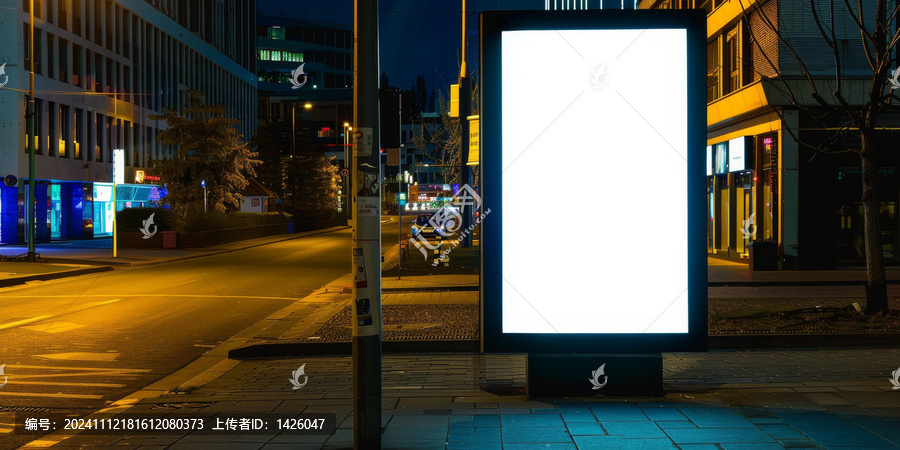 夜晚城市街道上空白的廣告牌燈光模糊