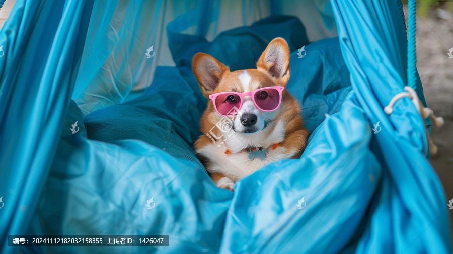 一條戴著太陽鏡的可愛柯基犬躺在藍(lán)色吊床上