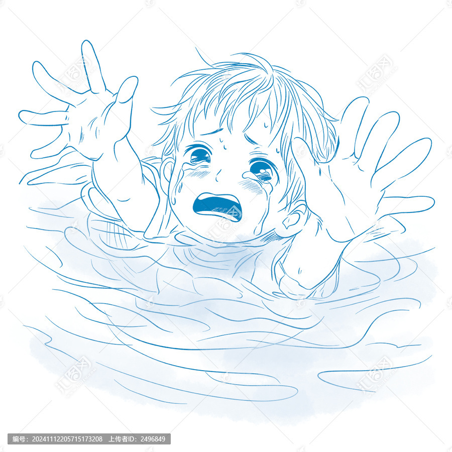 游泳溺水的男孩哭泣求救圖案
