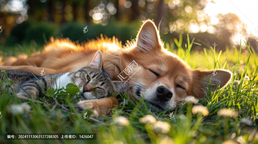 一只姜黃色狗狗和一只虎斑貓?jiān)诓莸厣纤X