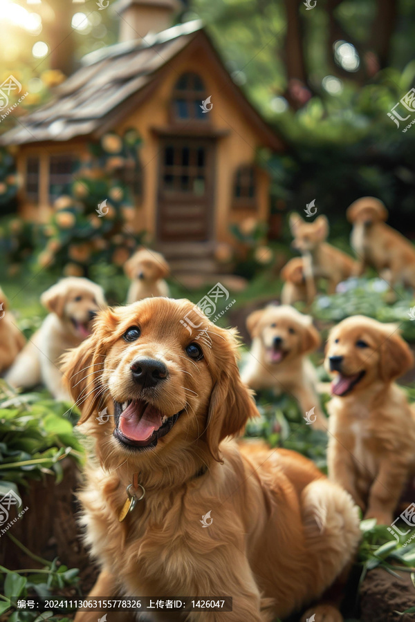 一群金毛獵犬幼犬在花園里玩耍