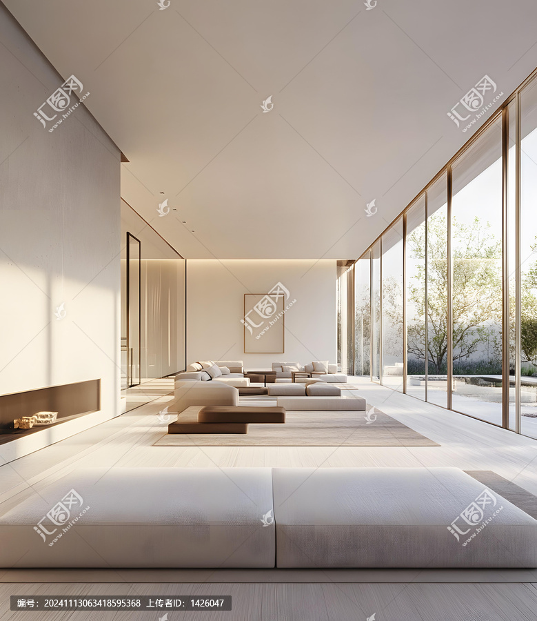 極簡(jiǎn)現(xiàn)代客廳室內(nèi)設(shè)計(jì)，帶大型窗戶和壁爐
