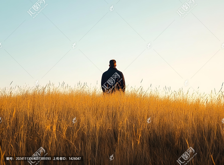 男人站在高高的草地上
