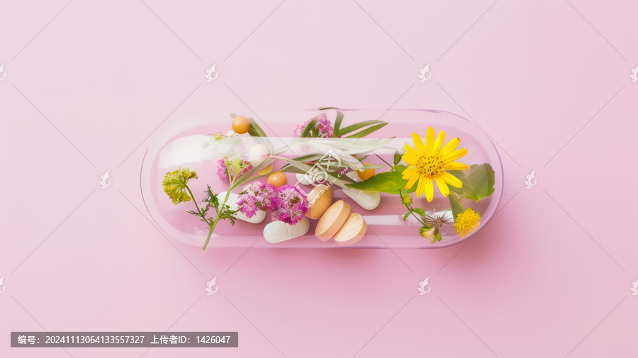 藥丸與花草的健康膠囊