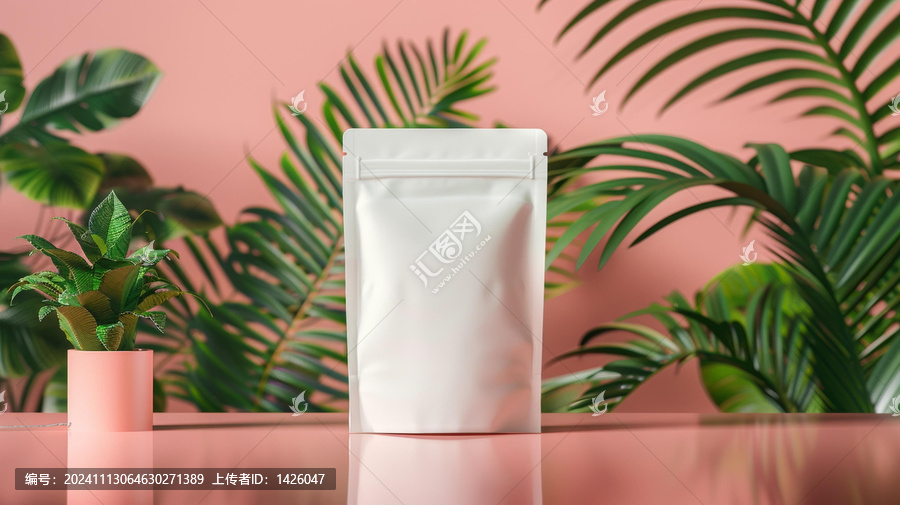 空白的白色食品或飲料袋與綠葉