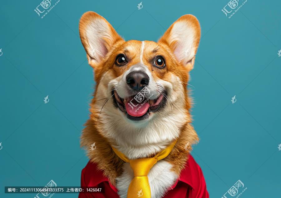 一只穿著紅色襯衫和黃色領(lǐng)帶的快樂柯基犬