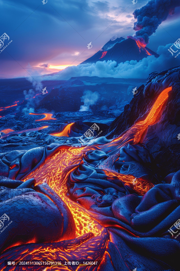 夜空下火山噴發(fā)熔巖從山坡流下