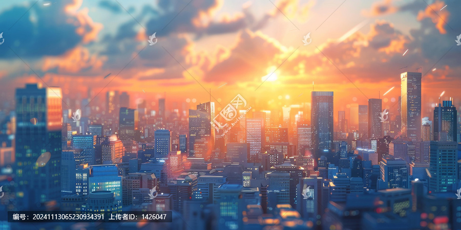 夕陽下的城市全景圖畫