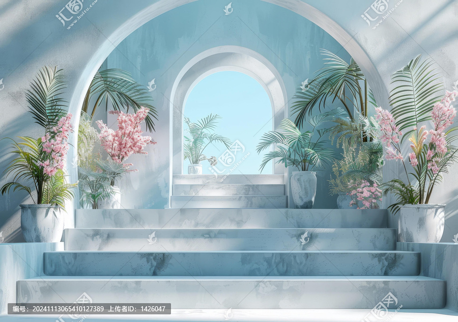 夢(mèng)幻藍(lán)色大理石階梯花卉裝飾