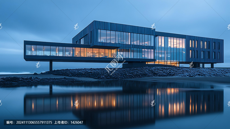 海邊現(xiàn)代建筑的黃昏美景