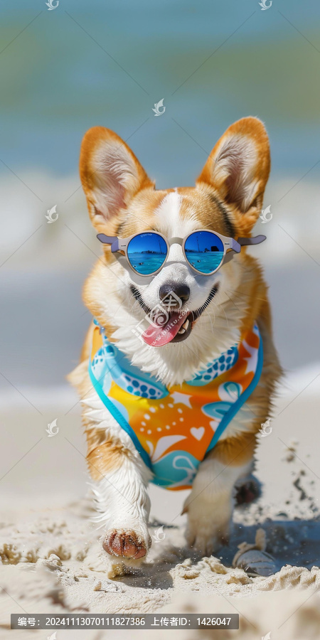 一只戴著太陽鏡的快樂柯基犬在海灘上奔跑