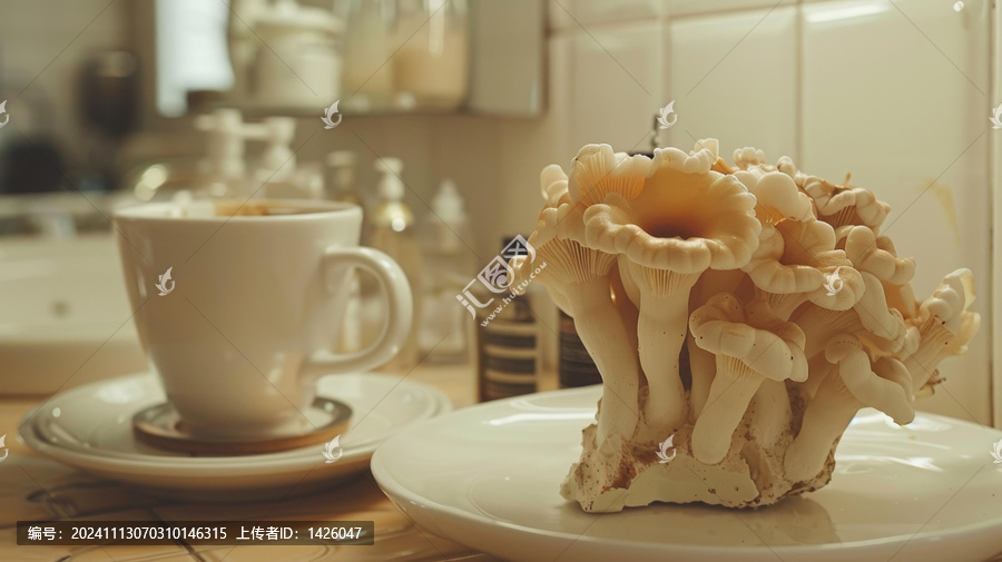 白色杯子和碟子旁邊有一堆蘑菇