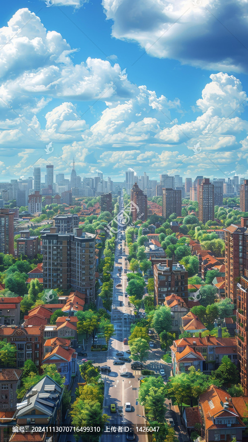 城市街景與蔥郁綠樹
