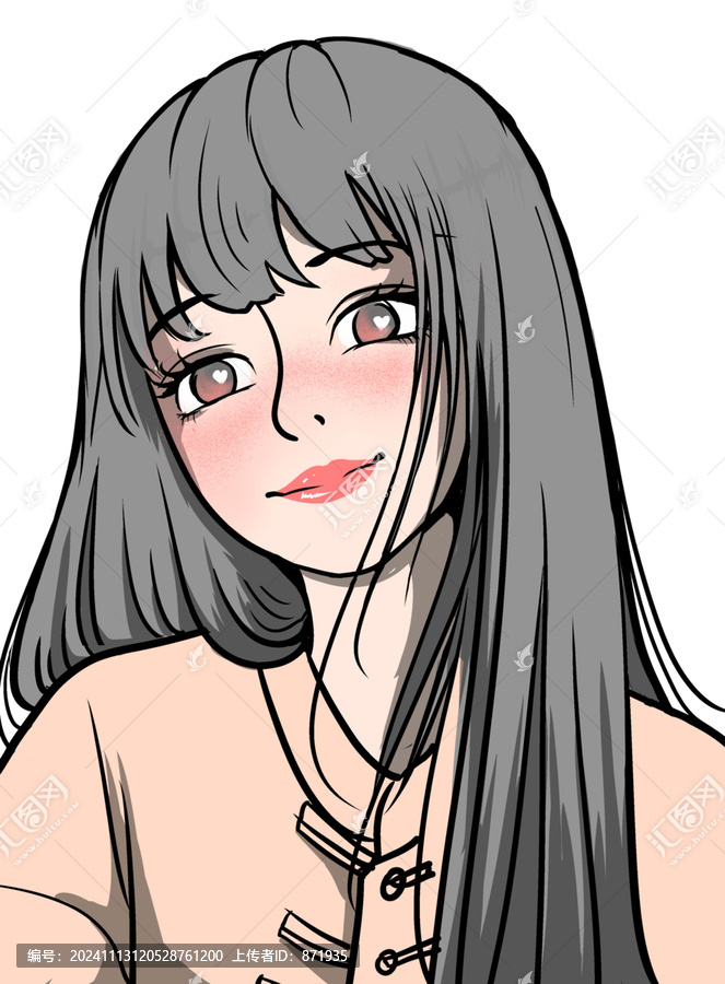 長發披肩少女頭像插畫