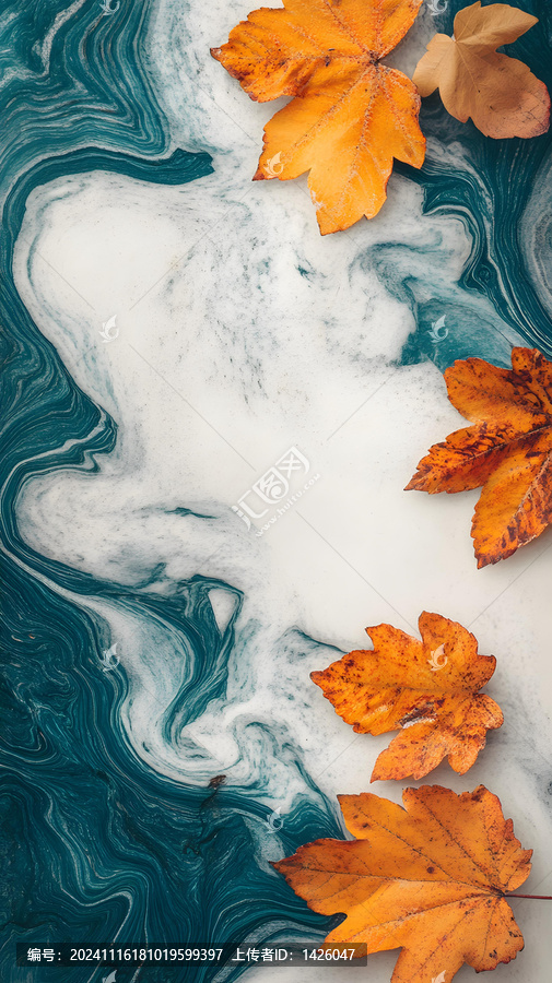 抽象藍色漩渦背景上的秋季樹葉
