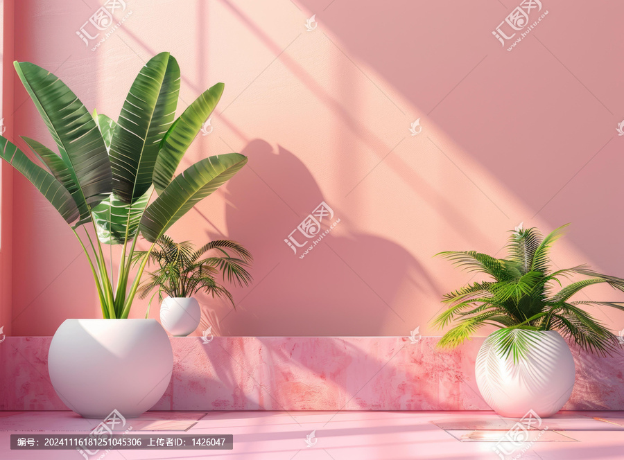 粉色房間的熱帶植物擺設