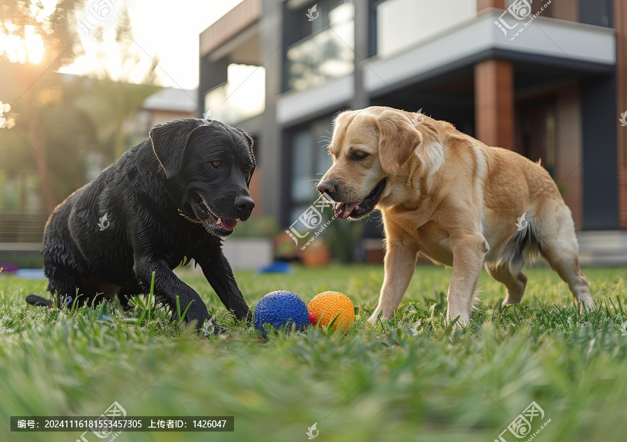 兩只拉布拉多犬正在后院玩耍