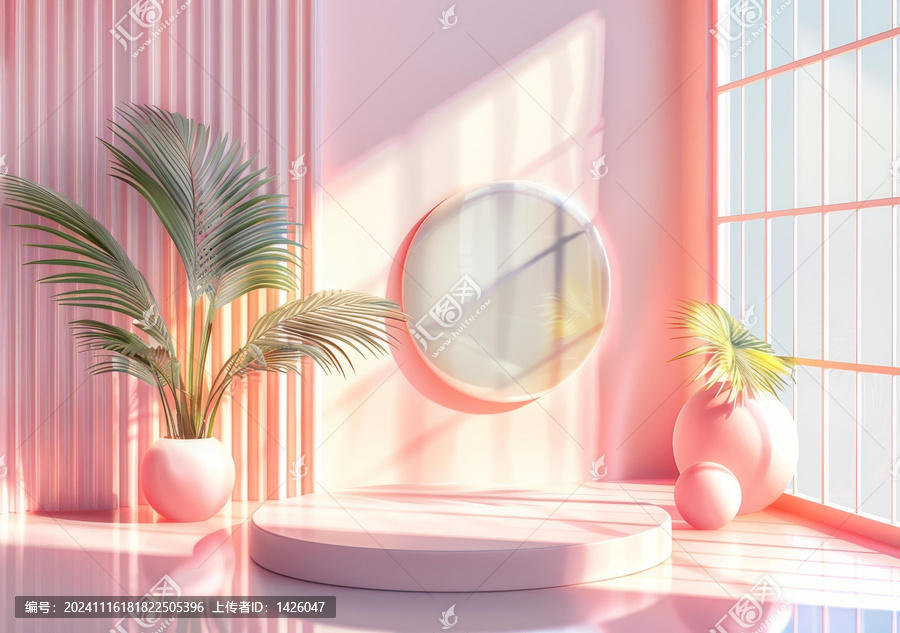 粉嫩色系植物和展示臺