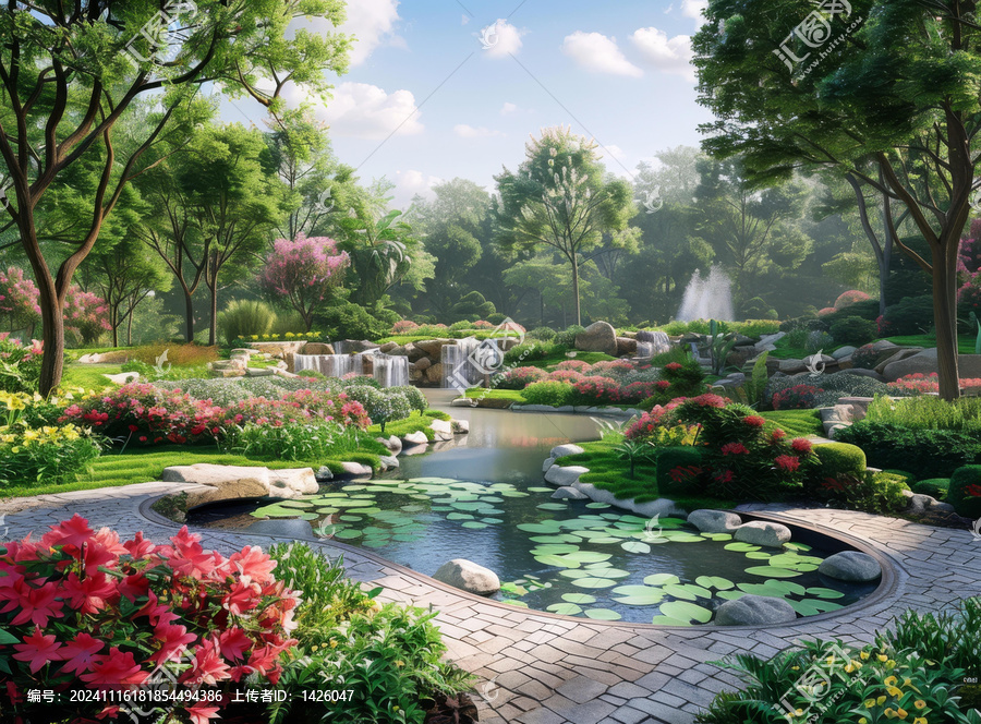 美麗的瀑布花園景觀圖