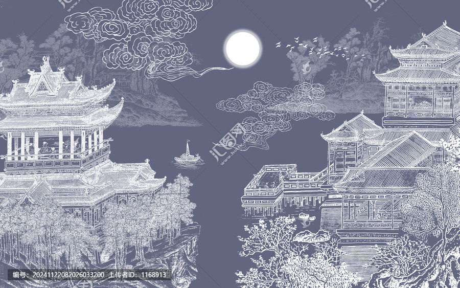 中式刺繡樓閣山水畫(huà)