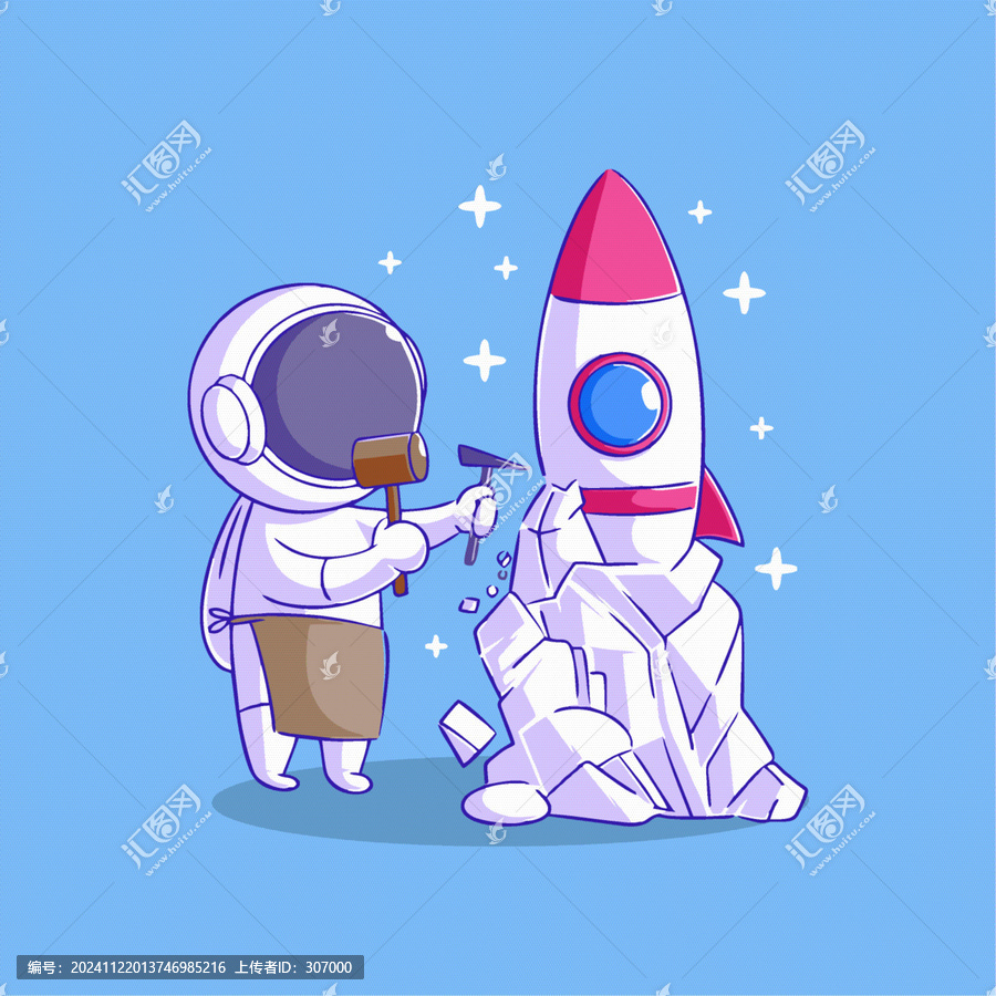 可愛(ài)宇航員雕塑火箭Q版兒童插畫