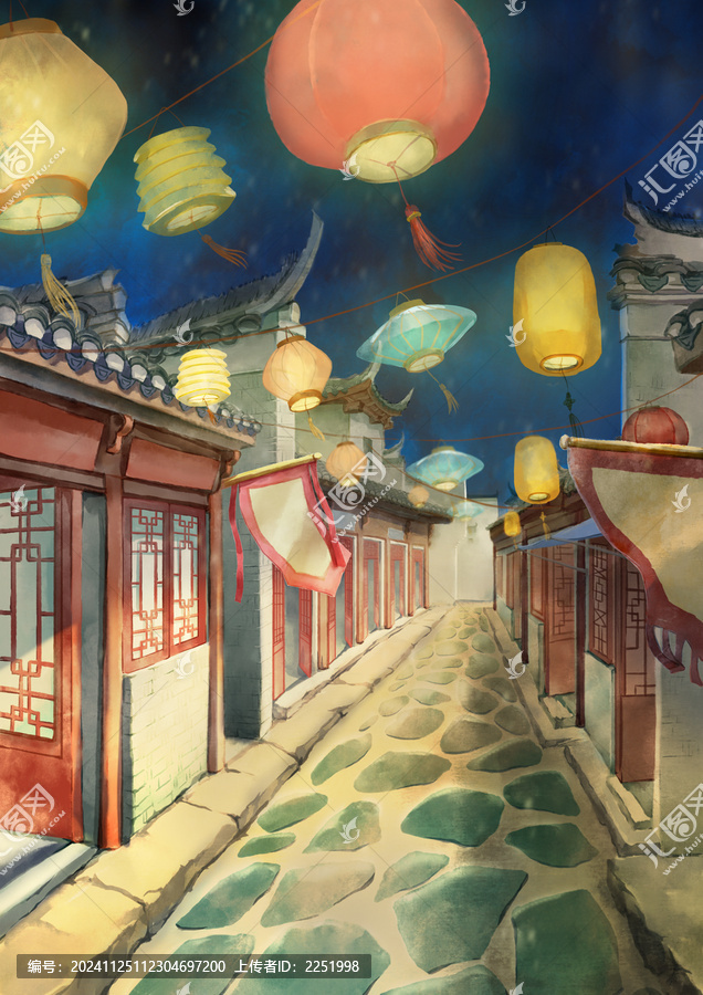 古鎮(zhèn)夜景場(chǎng)景插畫(huà)