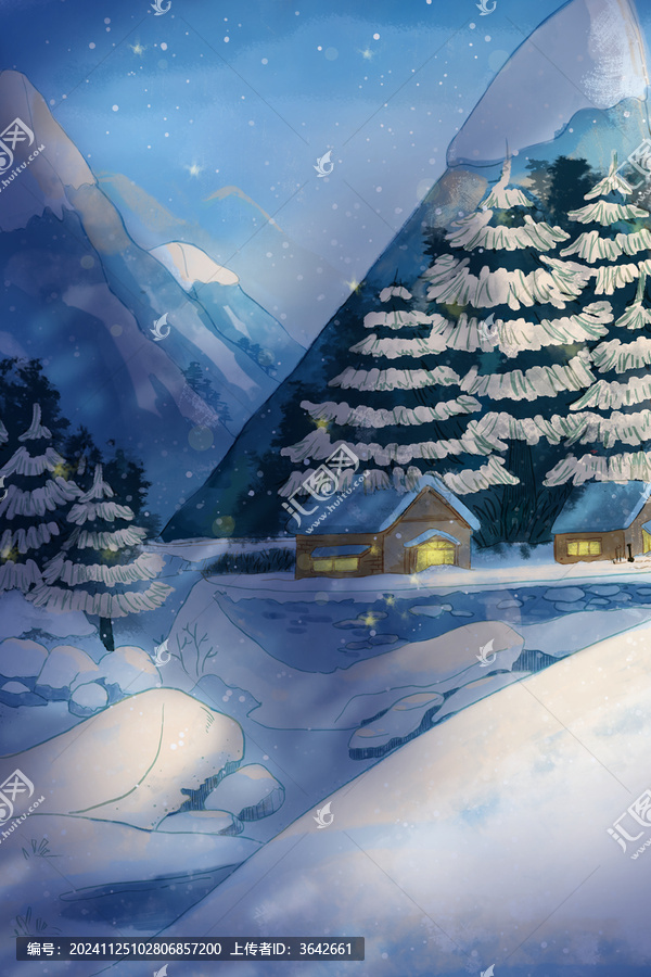 大雪節(jié)氣雪天安靜的夜晚雪夜治愈系插畫(huà)無(wú)字